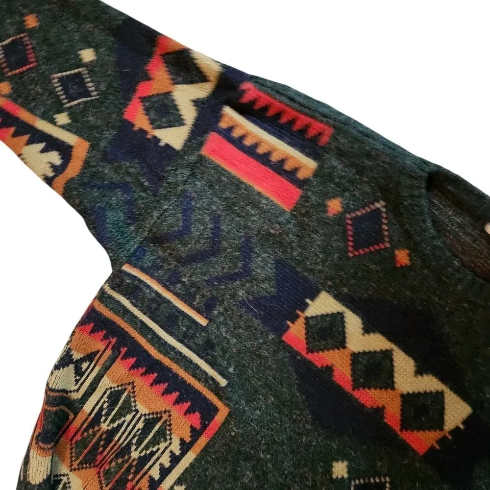 Vintage Peter Jon Sweater Mens XL Green Aztec Southwestern 80s Acrylic Pullover